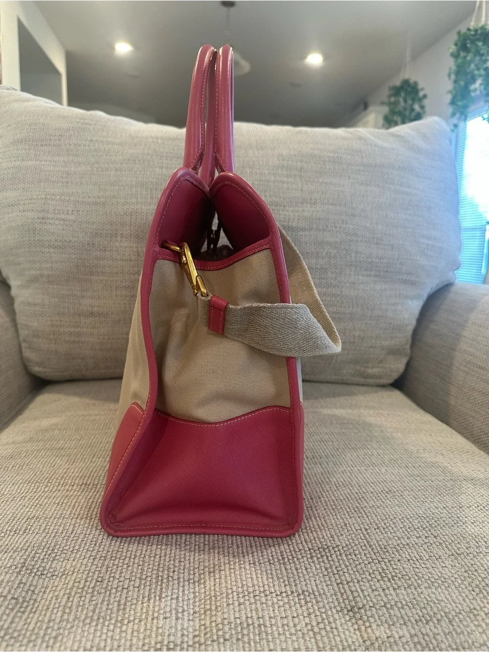 Prada Beige And Pink Canvas And Leather Tote - Picture 4 of 16